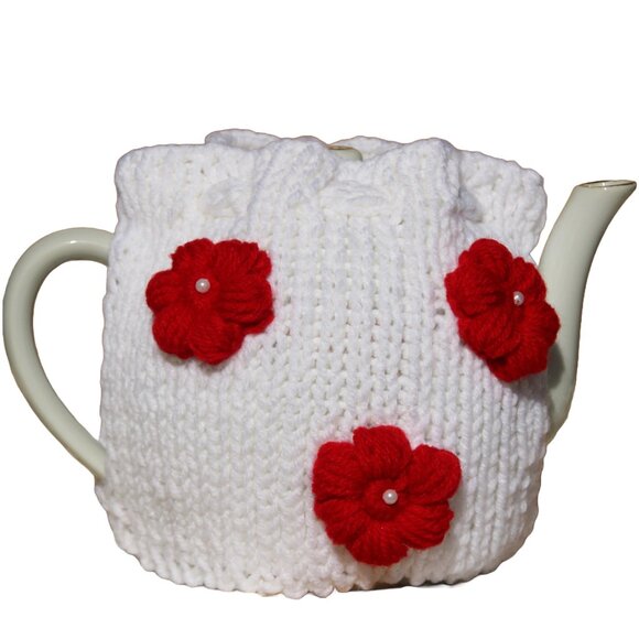 White Knitted Tea Cozy with Red Crochet Floweres for a Teapot - Picture 2 of 2